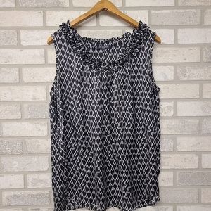 Notations Black and White Sleeveless Diamond-Print Ruffle Neck Top